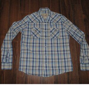 Hollister Western Pearl Snap Long Sleeve Blue Plaid Cotton Shirt LG Chest 42